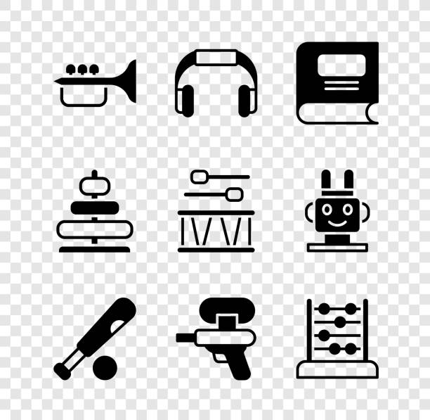 ilustrações de stock, clip art, desenhos animados e ícones de set trumpet, headphones, book, baseball bat with ball, water gun, abacus, pyramid toy and drum drum sticks icon. vector - baseball bat audio