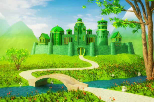 Emerald Town - 3d rendering Emerald Town with bridge across the river - 3d rendering emerald green stock pictures, royalty-free photos & images