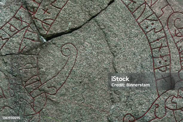 Close Up Of A Cracked Rune Stone With Red Runes Stock Photo - Download Image Now - Viking, Cultures, Runes