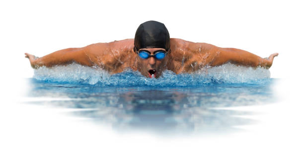 hombre nadador deportivo aislado - butterfly swimmer fotografías e imágenes de stock