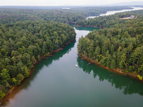 An overcast late summer day on Lake James in the foothills of the Blue Ridge Mountains in North Carolina.