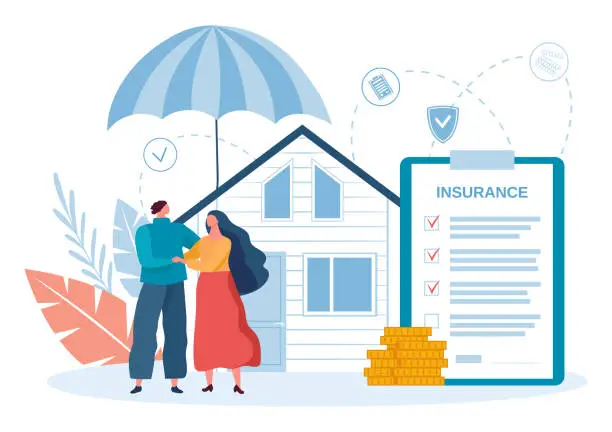 Vector illustration of House property insurance, couple stay under umbrella with home