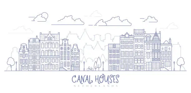 Vector illustration of Amsterdam old style houses. Dutch canal houses lined up near a canal in the Netherlands. Building and facades for Banner or poster. Vector outline illustration.