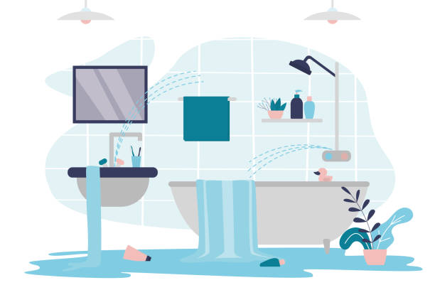 Bathroom flooded with water. Broken sink and shower faucet. Broken or damaged pipes in restroom. Water pours out of bathtub and sink Bathroom flooded with water. Broken sink and shower faucet. Broken or damaged pipes in restroom. Water pours out of bathtub and sink. Emergency situation in bath. Interior design. Vector illustration faucet leaking pipe water stock illustrations