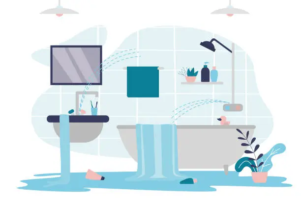 Vector illustration of Bathroom flooded with water. Broken sink and shower faucet. Broken or damaged pipes in restroom. Water pours out of bathtub and sink