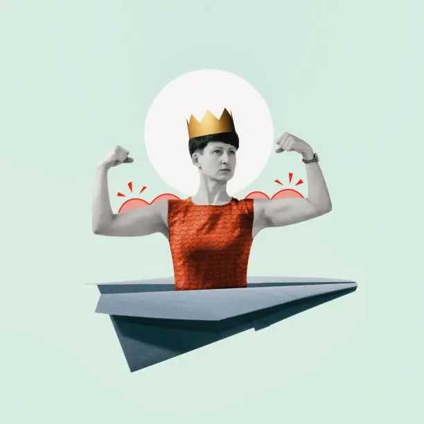 A paper airplane with a strong woman with a crown on her head. Art collage.