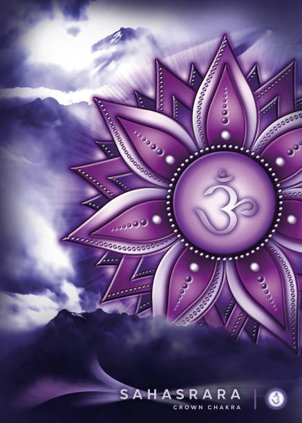 ilustraciones, imágenes clip art, dibujos animados e iconos de stock de póster, papel pintado con símbolo del chakra de la corona (sahasrara). obras de arte con elementos místicos de la naturaleza y paisajes. - om symbol lotus hinduism symbol