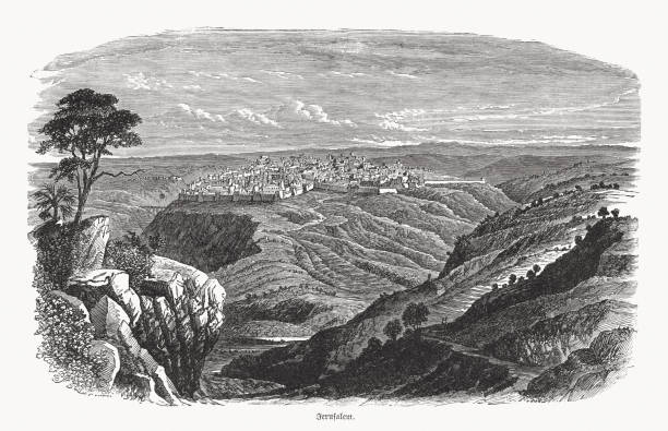 ilustraciones, imágenes clip art, dibujos animados e iconos de stock de vista histórica de jerusalén, israel, grabado en madera, publicado en 1862 - jerusalem hills