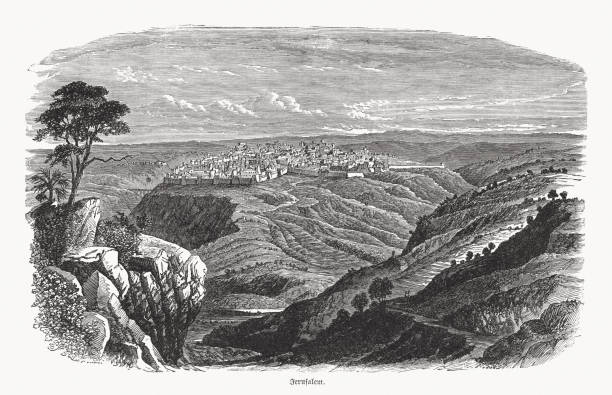 ilustrações de stock, clip art, desenhos animados e ícones de historical view of jerusalem, israel, wood engraving, published in 1862 - jerusalem hills