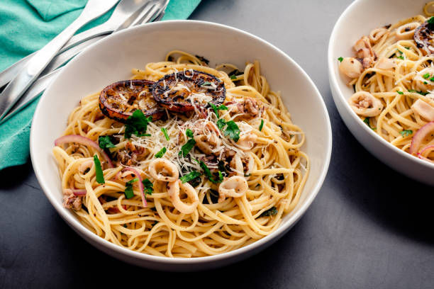 istock Overhead View of Squid Piccata Garnished with Charred Lemon Slices 1361937862