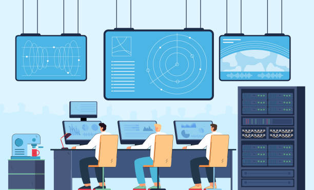 Surveillance and control of scientists over launch of spaceship Surveillance and control of scientists over launch of spaceship. Space flight command from space center with working team of people at computer monitors flat vector illustration. Space station concept flight radar screen stock illustrations