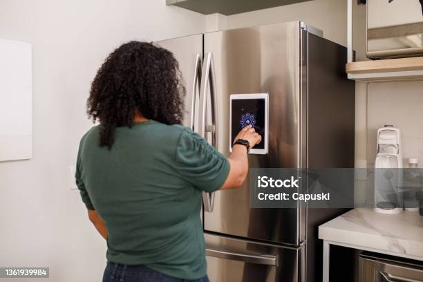 Young Woman Checking Information From Smart Fridge Stock Photo - Download Image Now - Refrigerator, Internet of Things, Digital Tablet
