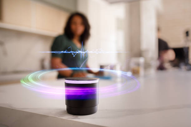 Conceptual view of  a smart  speaker Family interacting with smart home devices on daily activities virtual assistant stock pictures, royalty-free photos & images