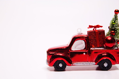 Red Pick Up Truck with Christmas Tree Ornament