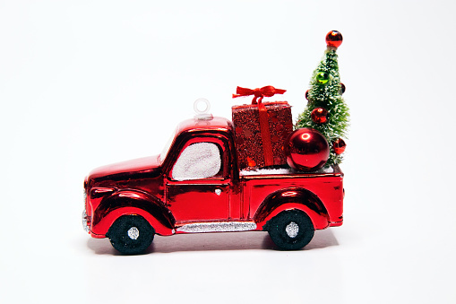 Red Pick Up Truck with Christmas Tree Ornament