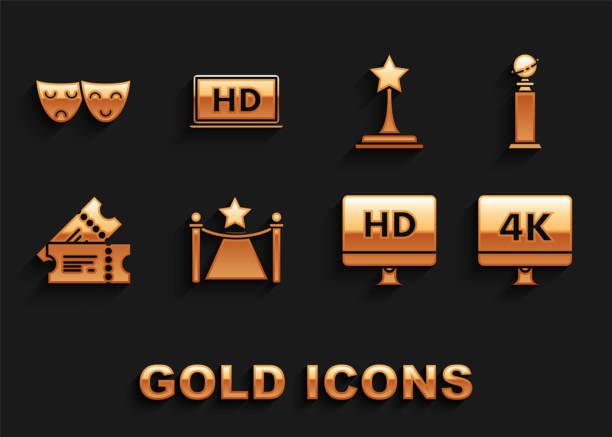 istock Set Carpet with barriers and star, Trophy Golden Globe, Computer PC monitor 4k video technology, HD, Cinema ticket, Movie trophy, Comedy tragedy theatrical masks and Laptop screen icon. Vector 1361942249