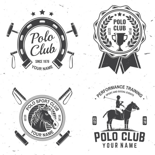 ilustrações, clipart, desenhos animados e ícones de conjunto de crachás esportivos do polo club, patches, emblemas, símbolos. ilustração vetorial. rótulo equestres monocromático vintage com silhuetas de cavaleiro e cavalo. competição de clubes de polo esporte de equitação. conceito para camisa ou  - mallet