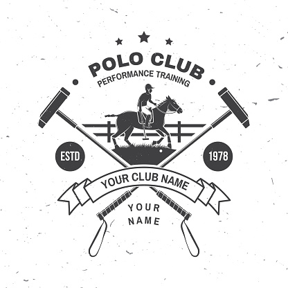 Polo club sport badge, patch, emblem, symbol. Vector illustration. Vintage monochrome equestrian label with rider and horse silhouettes. Polo club competition riding sport. Concept for shirt or symbol, print, stamp or tee