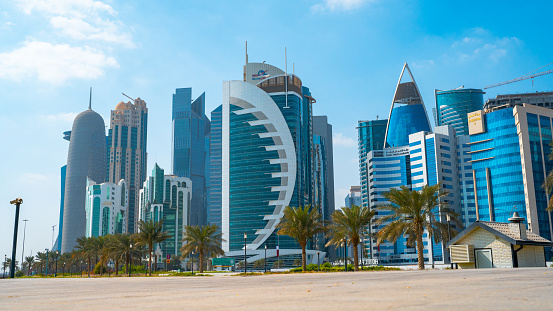 Doha,qatar-November 29, 2021 :  Beautiful doha city with many landmark towers , view from the corniche area.