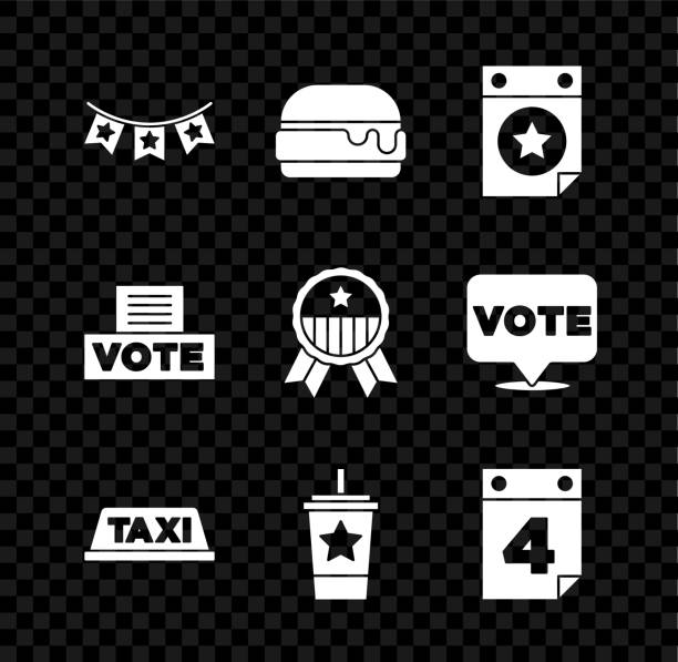 깃발, 햄버거, 달력 날짜 7 월 4, 택시 자동차 지붕, 종이 유리 빨대, 투표 상자와 메달 스타 아이콘과 카니발 화환을 설정합니다. 벡터 - glass text usa voting stock illustrations