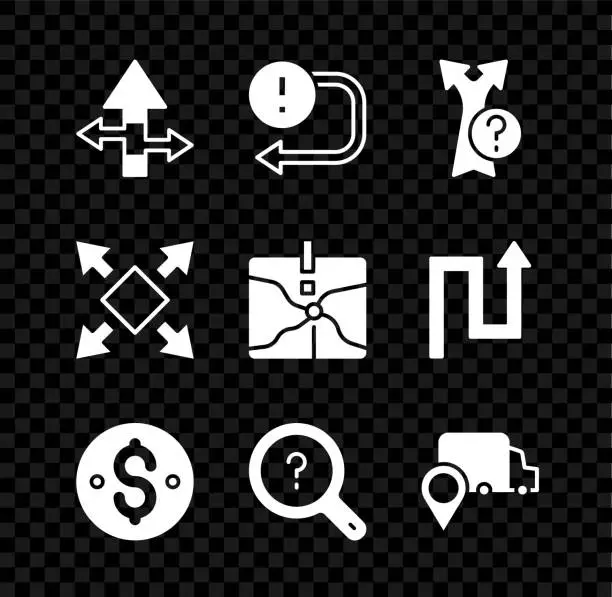 Vector illustration of Set Arrow, Dollar symbol, Unknown search, Delivery tracking, Many ways directional arrow and Intersection point icon. Vector