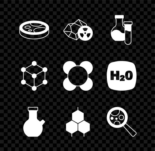 ilustraciones, imágenes clip art, dibujos animados e iconos de stock de coloque la placa de petri con bacterias, radiactiva, tubo de ensayo, fórmula química, microorganismos bajo lupa, molécula e icono. vector - chemistry white petri dish design