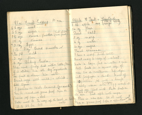 Two pages from an old handwritten recipe book commencing on 23rd September 1939 and continuing during World War Two, giving instructions on how to make Chocolate Fruit Pudding (for 10 men) and Apple Tart with Custard. The recipes in the book are for dishes to feed from 10 to 100 men, so involve large quantities of ingredients.