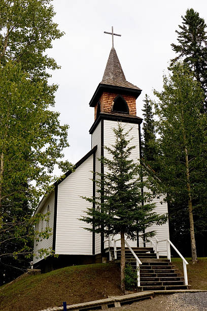istock white Catholic style church in the middle of a forest 136195113