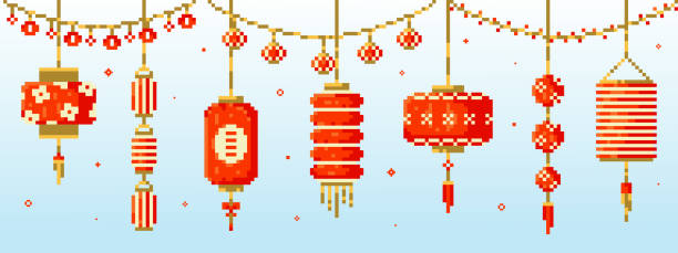 istock Pixel art Chinese new year paper lanterns ornaments set. Vector 8 bit style collection of Chinese hanging lanterns and lamps decorations. 1361951616