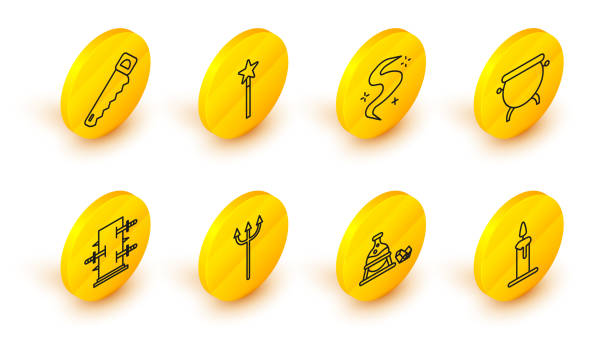 Set line Burning candle in candlestick, Witch cauldron magic stone, Neptune Trident, Trunk for tricks, Magic fog smoke, wand and Hand saw icon. Vector Set line Burning candle in candlestick Witch cauldron magic stone Neptune Trident Trunk for tricks Magic fog smoke wand and Hand saw icon. Vector. greek god poseidon backgrounds stock illustrations