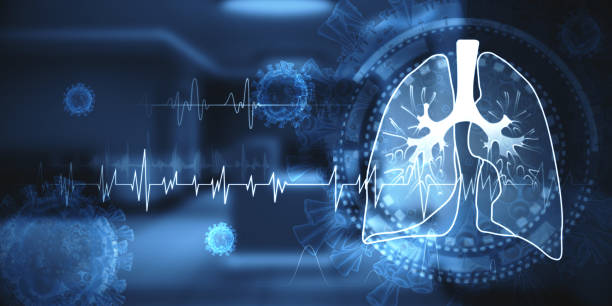 istock Abstract image of medical interface with lungs and virus on blurry interior background. Medicine, healthcare and pandemic concept. Double exposure. 1361953490