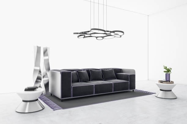 istock Luxury bright white living room interior with couch, table, concrete flooring and decorative items. Home designs concept. 3D Rendering. 1361953576