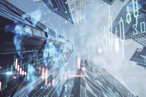 istock Creative glowing big data forex chart candlestick hologram and map on blurry city backdrop. Trade, technology and finance concept. Double exposure. 1361953771