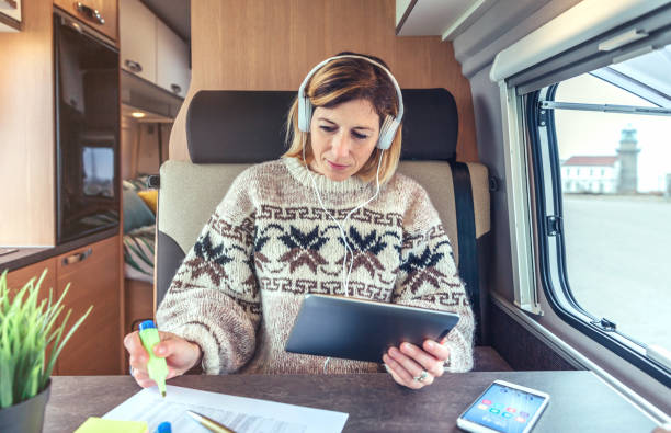 istock Woman telecommuting in a camper van 1361962449