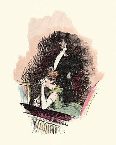 Vintage illustration Man and woman at the opera, watching from a box, opera glasses.  La Femme à Paris – nos contemporaines, Octave Uzanne, Marie Louis Pierre Vidal