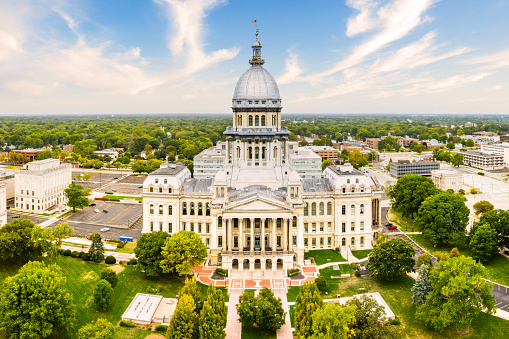 Drone view of the Illinois State Capitol, in Springfield. Illinois State Capitol houses the legislative and executive branches of the government of the U.S. state of Illinois