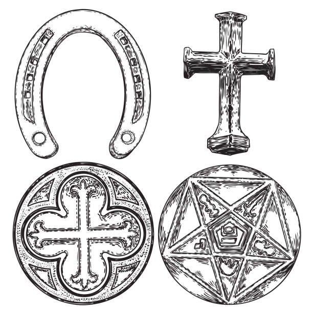 Set of decorative circle ornament of carved round Christian cross, five pointed star, Masonic. Horseshoe good luck amulet. Vector. Set of decorative circle ornament of carved round Christian cross, five pointed star, Masonic. Horseshoe good luck amulet. Vector. celtic shamrock tattoos stock illustrations