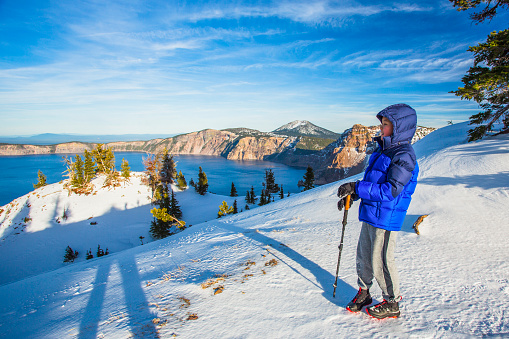 Hiking on snow at Crater Lake National Park, Oregon