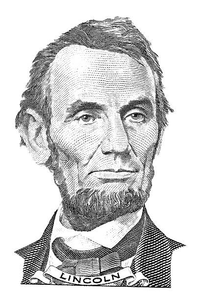 Abraham Lincoln portrait Portrait of Abraham Lincoln in front of the five dollar bill abraham lincoln photos stock illustrations