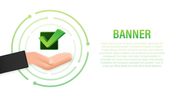 istock Check mark hanging over hands. Green approved star sticker on white background. Vector stock illustration. 1361968852