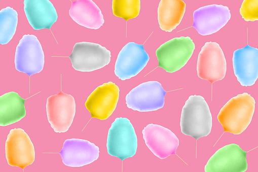 Collage with cotton candy on pink background, pattern design