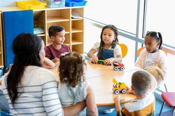 istock Preschool children interact with unrecognizable teacher 1361969317