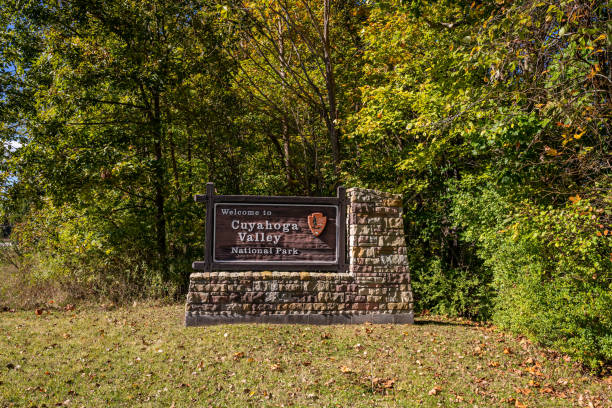 Cuyahoga Valley National Park Entrance Sign The entrance sign for Cuyahoga Valley National Park during Autumn leaf color change in Ohio. cuyahoga river photos stock pictures, royalty-free photos & images