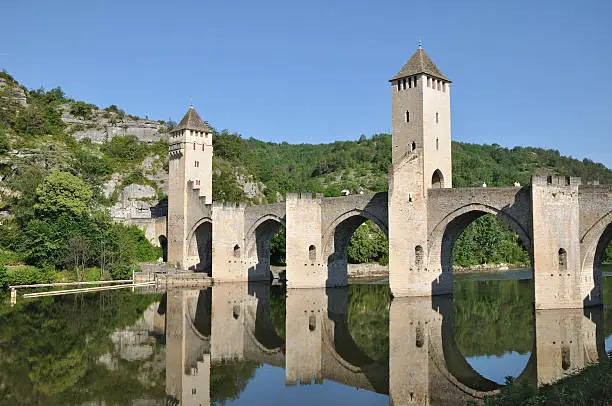 Famous medieval Pont Valentré in French town Cahors (Midi-Pyrenees).