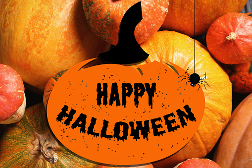 istock Happy Halloween greeting card design. Illustrations and pumpkins on background, top view 1361971751