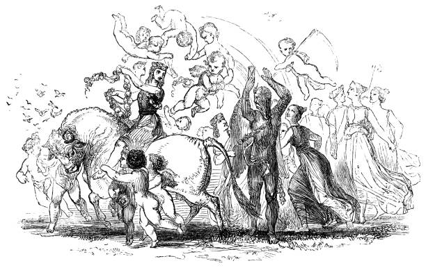 Group of People and Cherubs Celebrate Spring with Father Time - 19th Century Large group of people and cherubs celebrate springtime with Father Time. Vintage etching circa 19th century. first day of spring stock illustrations