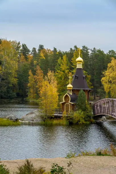 Melnikovskoe rural settlement, Vuoksa river, Leningrad region, Priozersky district, Russia. October 1, 2021. The Church of St. Andrew the First-Called is the only church in the world that stands on a monolithic rock in the middle of the water, is included in the Guinness Book of Records.