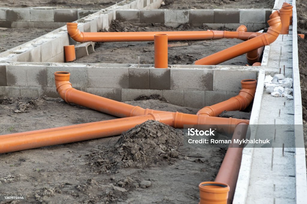 Pipework Buit In New Installed Pipework System Sewer Line Developed And Mounted On The ...