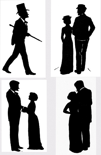 Four Victorian Silhouettes: a man goes to meet a woman; they walk; dance; embrace. Illustration published 1893. Source: Original edition is from my own archives. Copyright has expired and is in Public Domain.