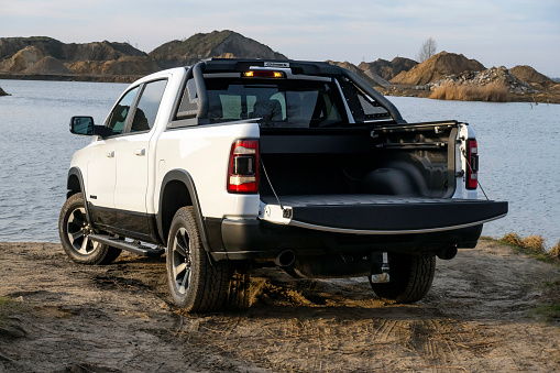 Berlin, Germany - 12 January, 2020: Shot from the rear side on the cargo bed in Ram 1500 Rebel pick-up truck. This model is one of the most popular pick-up vehicles in North America.